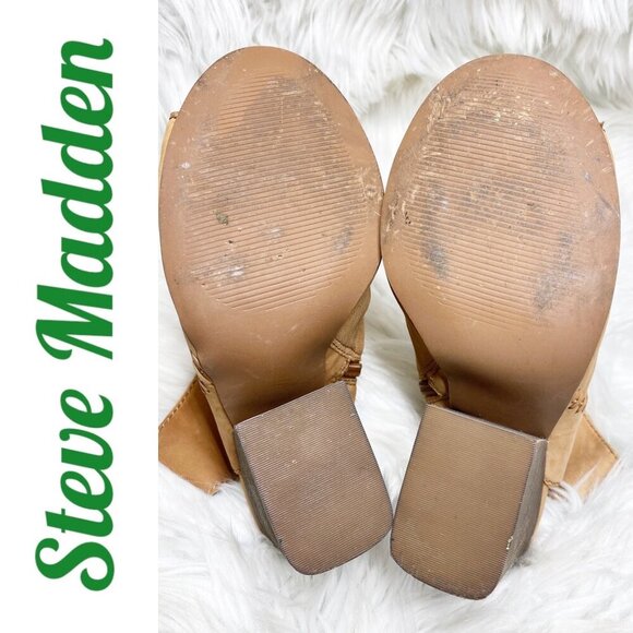 STEVE MADDEN MINGLE TAN LEATHER OPEN TOE OPEN HEEL BLOCK HEEL BOOTIE, SIZE 8 - Picture 6 of 13